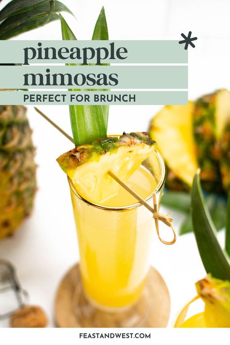 Made with pineapple juice and champagne, Pineapple Mimosas have the tropical, tiki twist and beach vibes that summer brunches & parties need. Pineapple Mimosa Recipe, Pineapple Mimosa, Frozen Drinks Alcohol, Summer Entertaining Recipes, Brunch At Home, Sparkling Lemonade, Banana Waffles, Pineapple Cocktail, Champagne Drinks