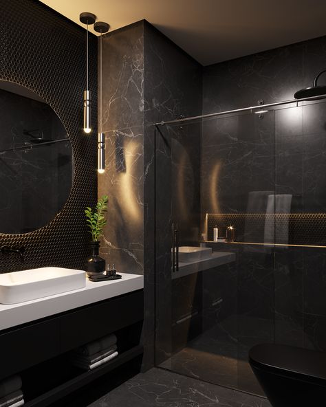 Black Tile Bathrooms, Bathroom Design Black, Dark Bathrooms, Bathroom Inspiration Modern, Washroom Design, Bathroom Design Inspiration, Bathroom Design Decor, Bathroom Inspiration Decor, Bathroom Design Luxury