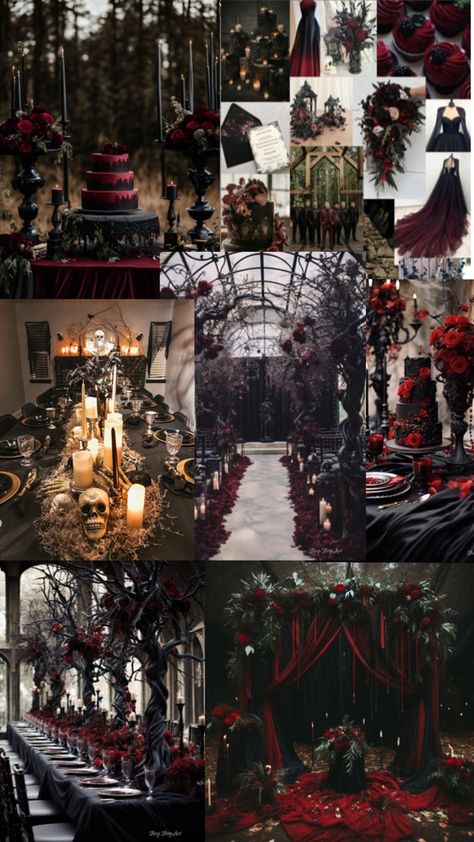 Red And Black Wedding Color Schemes, Wedding Black And Red Theme, Moulin Rouge Wedding Theme, Black Red Silver Wedding, Black And Dark Red Wedding Theme, Maroon Wedding Aesthetic, Deep Red And Black Wedding, Wine Red And Black Wedding Theme, Ruby Red Wedding Theme