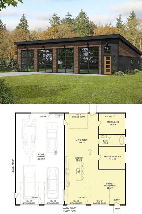 Carriage House With Rv Garage, Single Story Carriage House Plans, 2 Bedroom House Plans With Garage One Story, One Story Two Bedroom House Plans, 2 Bedroom Single Story House Plans, Garage 4 Car, Two Story Garage Plans, Modern Carriage House Plans, Rv Carriage House Plans