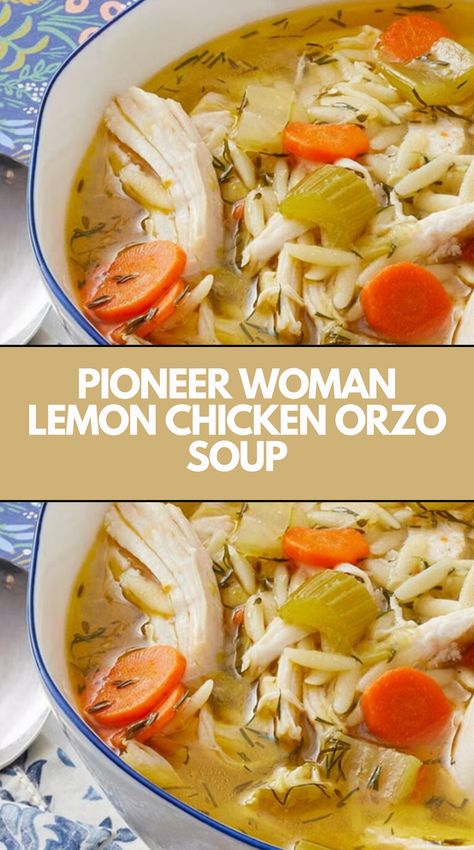 Whip up a comforting bowl of Lemon Chicken Orzo Soup inspired by the Pioneer Woman, ideal for those hectic weeknights. This hearty dish is loaded with juicy chicken and vibrant veggies, all swimming in a creamy, tangy broth that soothes the soul. Customize it with everyday pantry staples and savor the cozy, homemade flavors. Lemon Chicken Orzo Soup Pioneer Woman, Lemon Chicken Orzo Soup Ina Garten, Lemon And Rice Soup, Homemade Chicken Orzo Soup, Healthy Chicken Orzo Soup, Lemon Chicken And Orzo Soup, Easy Chicken Orzo Soup, Slow Cooker Chicken Orzo Soup, Lemony Chicken And Orzo Soup