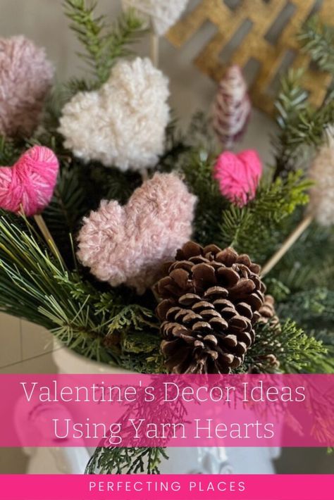 Make floral picks with hese Valentine's Day yarn-wrapped hearts and add them to winter arrangements. Valentine Craft Ideas, Yarn Hearts, Simple Winter Decor, Simple Decor Ideas, Idea For Valentine, Valentines Day Diy, Cheesy Valentine, Winter Arrangements, Inexpensive Decor