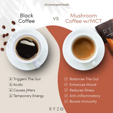 Why Mushroom Coffee beats black coffee every time! Ryze Mushroom Coffee Benefits, Best Mushroom Coffee, Benefits Of Mushroom Coffee, Mushroom Coffee Benefits, Mushroom Benefits, Mushroom Tea, Coffee Benefits, Coffee And Espresso Maker, Mushroom Coffee