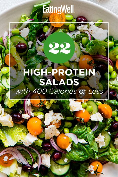 These high-protein salads are packed with flavor and fresh vegetables. Each salad has 400 calories or less and at least 15 grams of protein per serving to keep you full and satisfied for longer. These salads are a great choice for a hearty lunch or a light dinner. #salads #saladrecipes #healthysalads #saladideas #healthyrecipes Salad Protein Vegetarian, Vegetarian High Protein Salads, Low Calorie High Protein Packed Lunch, Hi Protein Salads, Interesting Salads Healthy, 400 Calorie Salads, Salads With Lots Of Veggies, Big Lunch Salad, Protein To Add To Salads