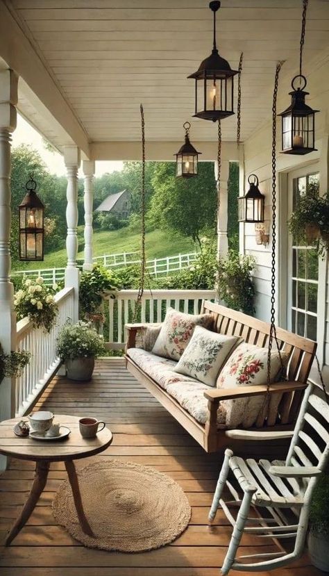 Back Porch Decorating Ideas, Dorm Room Cozy, Back Porch Decorating, Indoor Porch, Mismatched Furniture, Big Porch, Front Porch Swing, Porch Sitting, Porch Decorating Ideas