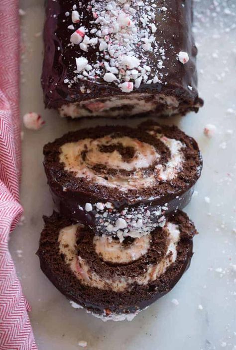 Chocolate Peppermint Cake Roll with a cream cheese peppermint filling and chocolate ganache on top. A beautiful, festive dessert for the holidays! Peppermint Cake Roll, Rolled Cake, Chocolate Peppermint Cake, Peppermint Dessert, Peppermint Cake, Chocolate Roll Cake, Mocha Cake, Cake Roll Recipes, Log Cake