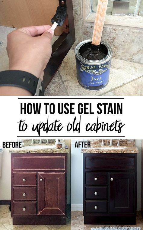 How to Use Gel Stain - Update Cabinets Without Sanding - Anika's DIY Life Update Old Cabinets, Gel Stains, Java Gel Stains, Java Gel, Update Cabinets, Staining Cabinets, Old Cabinets, Gel Stain, Diy Remodel