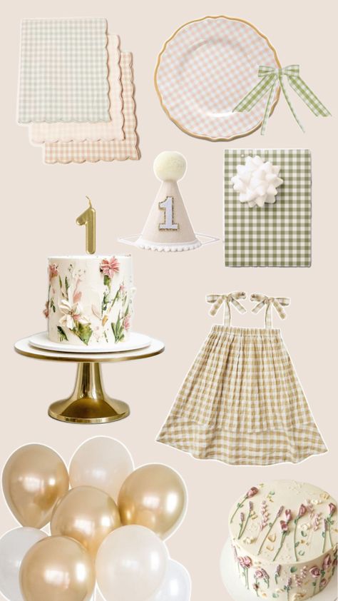 Celebrate your little girl's first birthday party in style with sweet checkered patterns, soft pastel tones, and vintage touches. Save this idea for later! First Birthday Themes For Baby Girl, First Birthday Lunch Ideas Parties Food, Vintage One Year Old Birthday Party, First Birthday Vintage Theme, Vintage Floral Birthday Party, Cottage Core Birthday Party Theme, At Home 1st Birthday Party Ideas, Homemade Birthday Party, Vintage 1st Birthday Girl