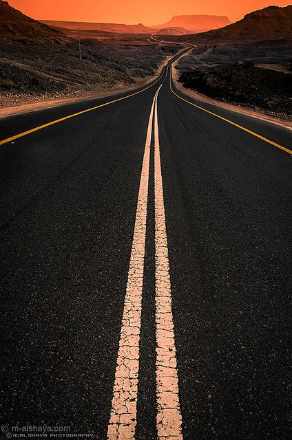 Sunset in road, Saudi Arabia | Fantasy Road Trip | Road Trip | Road | Roads | Road photo | on the road | drive | travel | wanderlust | landscape photography | Schomp MINI Wow Photo, Empty Road, The Road Not Taken, Road Photography, Long Way Home, Beautiful Roads, In The Middle Of Nowhere, Middle Of Nowhere, Winding Road