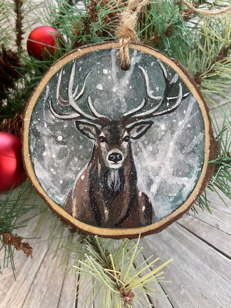 Deer In Snow, Wood Slice Christmas Ornaments, Ornament Inspiration, Deer Snow, Wood Deer, Wood Slice Christmas, Wood Slice Ornaments, Deer Buck, Woodland Deer