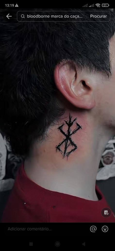 Tattoo Ideas Berserk, Curse Mark Tattoo Beserk, Berserk Neck Tattoo, Dwarven Tattoo Design, Beserk Symbols Tattoo, Mark Of Sacrifice Tattoo, Berserk Symbol Tattoo, Sekiro Tattoo, Brand Of Sacrifice Tattoo