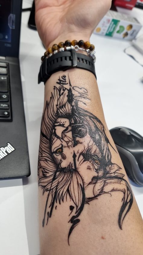 Bull Lion Tattoo, Leo Taurus Sagittarius Tattoo, Lion And Taurus Tattoo, Taurus Arm Tattoo Men, Half Lion Half Bull Tattoo, Bull And Lion Tattoo, 1990s Tattoo Ideas, Leo And Taurus Tattoo Combined, Taurus Forearm Tattoo