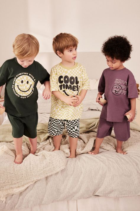 Buy Purple/Green Checkerboard Smiley Short Pyjamas 3 Pack (9mths-12yrs) from the Next UK online shop Boys Nightwear, Boys Night, 2024 Wishlist, Boys Tops, Night Suit, Boys Pajamas, Boys Top, Pajama Shorts, Purple Green