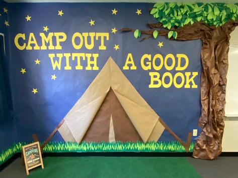 Bulletin Board Camping Theme, Camping Doors For Classroom, Camp Out With A Good Book Bulletin Board, Fall Camping Classroom Door, Camp Classroom Decorations, The Great Outdoors Bulletin Board Ideas, Happy Camper Bulletin Board, Outdoor Themed Bulletin Boards, Adventure Is Out There Bulletin Board