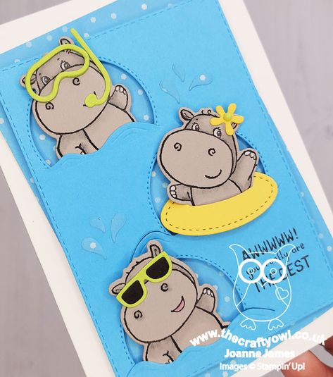 The Crafty Owl | Hippest Hippos Swim Trio AYSI278 Diy Greeting Cards, Diy Pop, Watercolour Pencils, Bubble Stickers, Summer Cards, Cute Diy, Kids Birthday Cards, Bird Cards, Stamping Up Cards