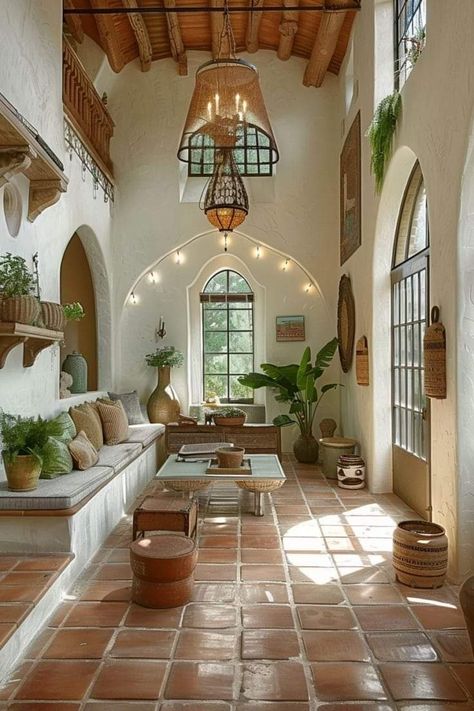 Stone Elements Interior Design, French Spanish Decor Interior Design, European Home Interior Design, Earthy House Design, Mediterranean Bohemian Interior Design, Mediterranean Style Home Decor, Mexican Style Design, Portugese Style Interior Design, Italian Inspired Interior Design