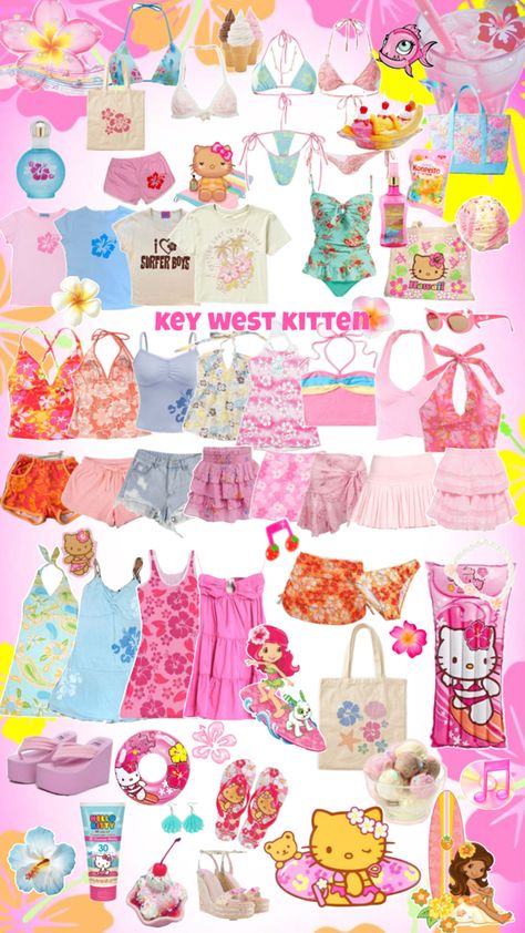 #summer #beach #beachy #aesthetic #keywestkitten #sanrio #hellokitty #clothes #collage #strawberryshortcake #beachgirl #fashion #pink #hotgirlsummer #cute #cutecore #tropical #tropicore #orange #pinkandorange #hibiscus Beachy 2000s Aesthetic, Key West Kitten Clothes, Beachy Y2k Aesthetic, Pink And Orange Beach Aesthetic, Where To Buy Coconut Girl Clothes, 2000s Beach Aesthetic Outfits, Tropical Core Clothes, Tropicore Outfits, Keywestkitten Outfits