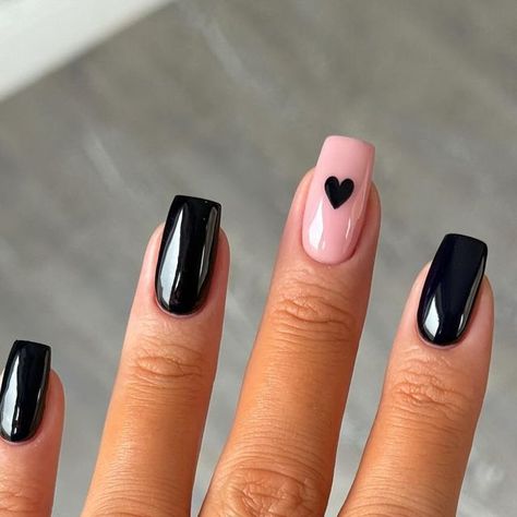 Charlotte Herberts on Instagram: "Glossy Black Heart 🖤 @glossifyofficial @nails_luxeofficial @os.ltd @lucypastorellitools_ Inspired by @by_hannahtaylor #blacknails #blackheart #valentinenails #shinynails #longnails #squarenails" Black And Silver Heart Nails, Black Heart On Nails, Nails Black With Heart, Pink Nails Black Heart, Black Biab Nails, 2024 Nail Ideas, Black White And Pink Nails, Black Heart Nail Designs, Black Nails With Heart