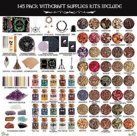 🎁 145 Pack Optimum Witchcraft Kit: 2023 New Package of the most complete Witchcraft Set loaded with witchcraft supplies and spiritual decor items to make a little magic happen! It include 40 dried herbs, 20 crystals bottles, 20 spell candles, 20 parchments, 20 incense with holder, 7 chakra stones, amethyst cluster, necklace amulet, chakra bracelet, crystals dowsing & pendulum board, pink salt, sea salt, witch broom, black tarobs, grid tarobs, feathers, spoon, hand bell, witch bell, guide book. Green Witch Altar, Witchcraft Kit, Altar Supplies, Magic Spoon, Colored Candles, Witch Spells, Wiccan Rituals, Witch Altar, Tools Box