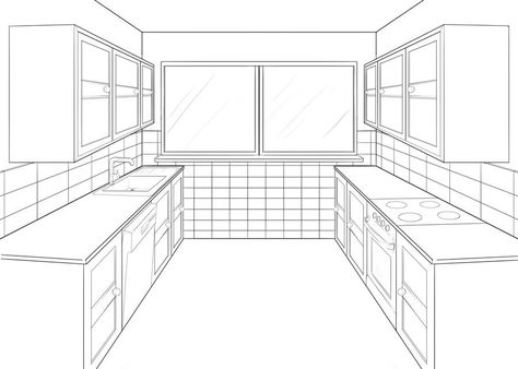 Kitchen Perspective Drawing, Drawing One Point Perspective, Perspective Drawing One Point, Kitchen Perspective, Room Perspective, Room Perspective Drawing, Perspective Grid, Perspective Room, Perspective Sketch