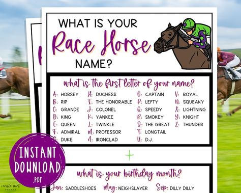 Whats Your Race Horse Name Game Triple Crown Party Game Horse Race Kentucky Derby Preakness Belmont Fun Activity for Adult & Kid - Etsy Horse Race Birthday Party Ideas, Derby Day Activities For Kids, Derby Party For Kids, Horse Racing Birthday Party, Horse Race Party Ideas, Kentucky Derby Classroom Activities, Kentucky Derby For Kids, Kentucky Derby Party For Kids, Kids Derby Party