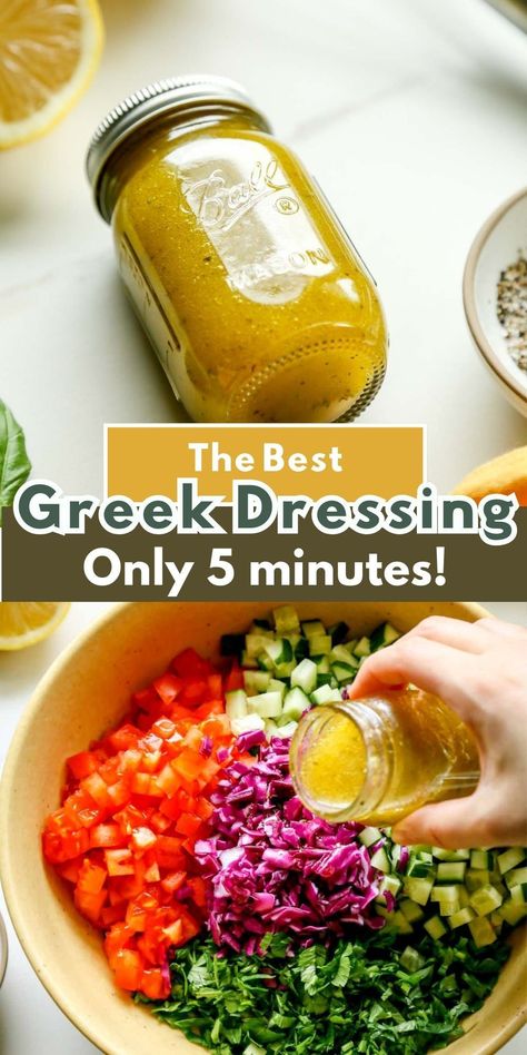 This Greek Salad Dressing recipe is a must-try! It's made with fresh lemon, olive oil, and oregano - simple yet delicious. Perfect for daily salads. #greekrecipes #greek #saladdressing #springrecipes Homemade Greek Salad Dressing, Salads With Olive Oil Dressing, Greek Dressing Recipe Healthy, Oil Salad Dressing, Oil Dressing Recipes, Greek Salad Dressing Recipe Homemade, Healthy Greek Dressing, Easy Greek Dressing, Dressing For Greek Salad