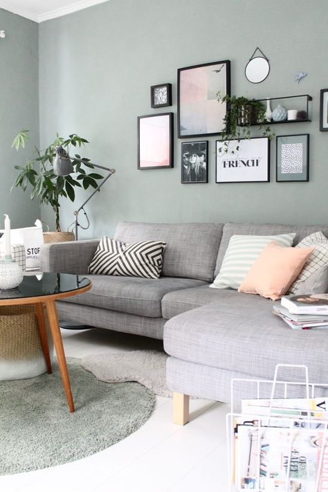 Room Pastel, Mint Green Walls, Gray Painted Walls, Grey Couch Living Room, Summer Living, Blue Living Room, Pastel Shades, Decor Minimalist, Living Room Grey