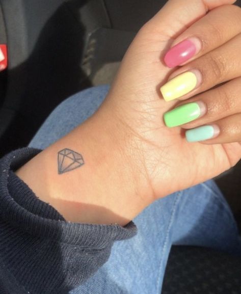 Cute Diamond Tattoo, Diamond Small Tattoo, Diamond Tattoo On Wrist, Mini Diamond Tattoo, Minimalist Diamond Tattoo, Diamond Wrist Tattoo, Tattoo Ideas Diamond, Small Diamond Tattoos For Women, Tiny Diamond Tattoo