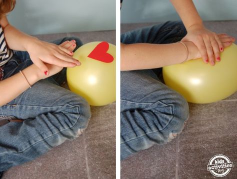 Practice CPR on a balloon First Aid Lessons For Kids, First Aid Kids Activities, Survival Activities For Kids, First Aid Activities, Medical Activities, First Aid For Kids, First Aid Cpr, Cpr Training, Camping Safety