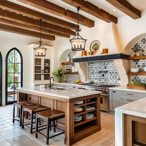 spanish_style_kitchen 19 Spanish Style Home Kitchen, Modern Spanish Style Kitchen, Modern Spanish Style Homes Interior, Mexican Hacienda Kitchen, Spanish Office, Styling Countertops, Spanish Inspired Kitchen, Modern Spanish Kitchen, Spanish Transitional