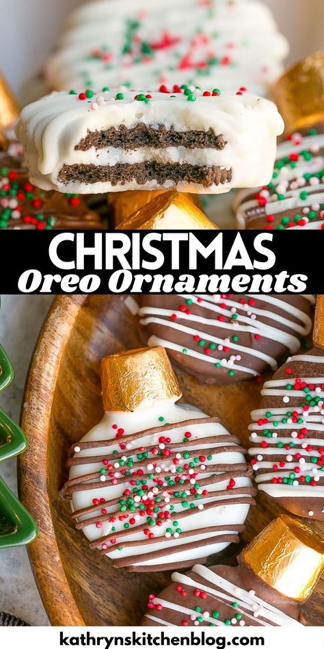 Oreo Ornament Cookies (Easy & No-Bake Recipe) Oreo Cookie Santas, Oreo Santa Cookies, Oreo Ornament Cookies, Christmas Oreo Cookies, Oreo Christmas Cookies, Cookies With Oreos, Christmas Rice Krispies, Fun Rice Krispie Treats, Christmas Oreos