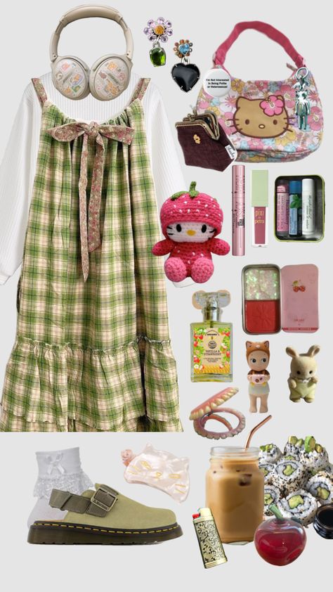 #outfit #outfitinspo #hellokitty #makeup #pixiemakeup #drmartens #sonnyangels #calicocritters #icedcoffee #sushi #strawberry #aesthetic Couture, Happycore Outfit, Breakcore Outfit, Trinketcore Outfit, Strawberry Aesthetic Outfit, Juminocore Outfit, Fruit Outfits, Colorful Ootd, Strawberry Outfit