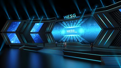 WESG 2018 STAGE DESIGN_SINGAPORE on Behance Cyberpunk Stage Design, Stage Technology, Monitor Room, Corporate Event Design, Stage Design Ideas, Tv Set Design, Virtual Studio, Stage Set Design, Church Stage Design