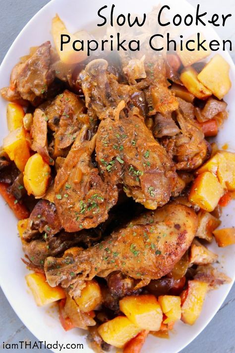 This Slow Cooker Chicken Paprika isn't your normal type of dump-it-in-the-crockpot recipe. Fall off the bone drumsticks, potatoes, carrots and a sour cream gravy - this recipe is PACKED with flavors and texture. Chicken Paprika, Bbq Appetizers, Cream Gravy, Freezer Meal Planning, Paprika Chicken, Dump Meals, Chicken Drumsticks, Crock Pot Slow Cooker, Chicken Crockpot Recipes