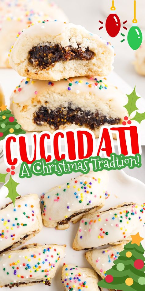 Cuccidati are the best Italian Christmas cookies. With a buttery shortcrust dough, stuffed with nutty fig filling, and glazed with sprinkles. Italian Fig Cookies, Xmas Cookies Recipes, Easy Holiday Cookies, Fig Cookies, Nut Rolls, Italian Christmas Cookies, Italian Christmas, Filled Cookies, Roll Cookies