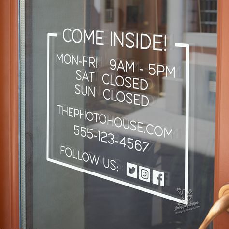 Customize your storefront with a beautiful vinyl store hours decal. Personalized with your hours of operation as well as business details and made from one of the highest quality vinyls on the market, this store hours sign is sure to last years with proper care and application. Your business decal will come ready to apply on the outside of your storefront.  (If you would like to place the decal on the inside of the glass but it still be visible from the outside, please selected the REVERSED size Salon Window Decals Store Fronts, Bridal Shop Exterior Store Fronts, Boutique Front Door Entrance, Candle Store Front Ideas, Boutique Exterior Store Fronts, Storefront Inspiration, Glass Sticker Design, Baking Studio, Store Hours Sign