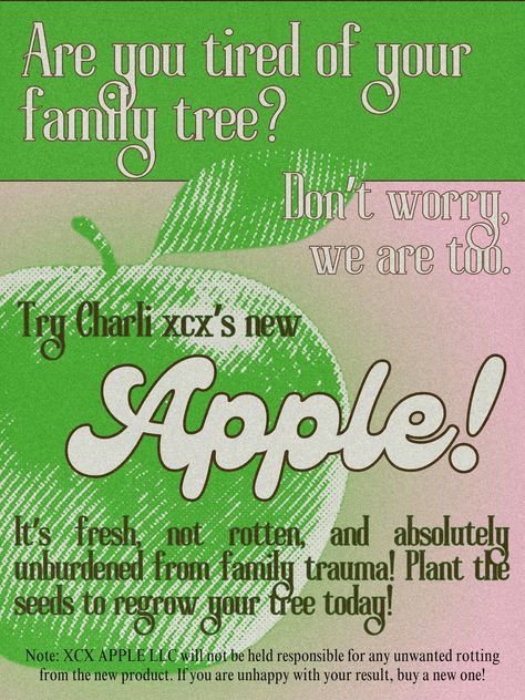 charli xcx apple song poster (brat) lalalala Music Posters, Charli Xcx Brat, Charli Xcx Poster, Brat Poster, Apple Song, Brat Summer, Music Poster Design, Design Board, Charli Xcx