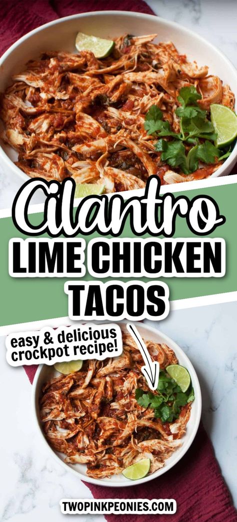 These crockpot cilantro lime chicken tacos are so easy to make. They’re an easy toss and go crockpot recipe. These easy tacos are perfect for a busy weeknight dinner. Fiesta Lime Chicken Crockpot, Chili Lime Chicken Crockpot, Cilantro Lime Chicken Tacos Crock Pot, Slow Cooker Cilantro Lime Chicken, Chicken Tacos Crockpot Recipes, Crockpot Cilantro Lime Chicken, Cilantro Lime Chicken Crock Pot, Tacos Crockpot, Small Crockpot Recipes