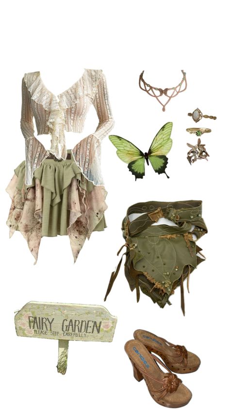 #fairycore #aesthetic #green #boho #garden #butterfly #fairy #white #outfit #inspo Spring Fairy Aesthetic Outfit, Moss Fairy Outfit, Easy Fairy Outfit, Fairycore Style Outfits, Whimsical Fairy Fashion, Butterfly Core Aesthetic Outfit, Woodland Fairy Outfit, Soft Fairy Core Outfits, Fairy Core Outfits Aesthetic