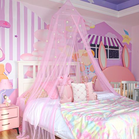 PRICES MAY VARY. PRINCESS and FAIRY TALES ➤ Create a whimsical bedtime experience for your little girl with our princess bed canopy. This beautiful and magical pink canopy will add a touch of magic to her nights, making her feel like she's in a fairy tale. When she enters the canopy, she will step into a world full of wonder and imagination. Transform her room into an enchanting wonderland with this dreamy bed canopy. SPARK CREATIVITY and DIY FUN ➤ The star are applied to the net using advanced Cool Girl Beds, Pink And Rainbow Bedroom, Girl Room Themes Little Princess, Kids Bedroom Ideas Girls Children, Disney Princess Girls Room, Room For Kids Girl, Magical Kids Bedroom, Princess Peach Bedroom, Girly Beds