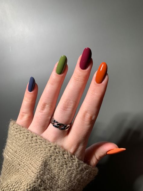 Breaking out my favourite fall polishes 🖤 #fall #fallnails #skittlemani #fallstyle #fallnailart #autumn Fall Color Block Nails, Autumn Rainbow Nails, Fall Multi Colored Nails, Fall Nails Multi Colored, Bright Autumn Nails, Fall Nails Different Color Each Nail, Multi Colored Fall Nails, Fall Nails Multicolor, Multicolor Fall Nails