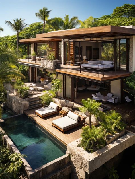 Bali Style House Exterior, Modern Industrial Beach House, Tropical Villas Design, Villa Style Home Exterior, Tropical Villa Exterior, Bali Villa Exterior, Modern House Nature, Modern Tropical House Exterior, Cancun House