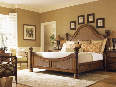 Tommy Bahama King Bed with Woven Lampakanai in the Headboard and Footboard #TommyBahamaFurniture Tommy Bahama Bedroom Furniture, Tropical Bedroom Furniture, Tommy Bahama Bedroom, Tommy Bahama Furniture, King Poster Bed, Tropical Bedrooms, Tommy Bahama Home, Wooden Bedroom, Lexington Home