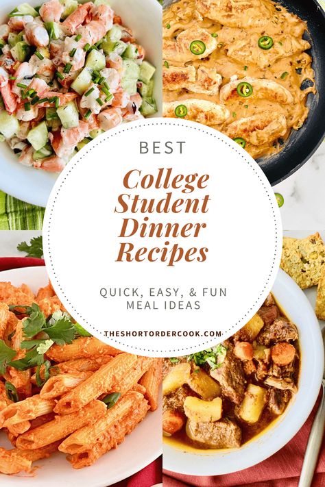 Easy College Student Dinner Recipes - The Short Order Cook College Meals On A Budget, College Meals Recipes, Cheap College Dinners, Dorm Room Dinner Ideas, Beginner Friendly Meals, College Dinner Ideas Simple, College Food Recipes Easy, Healthy Dinners For College Students, Good Ideas For Dinner Easy Recipes