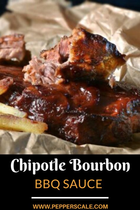 Bourbon is such a good BBQ sauce ingredient. The rich sweetness of this liquor plays very well with the fiery smokiness of chipotle peppers. Plus that adobo sauce those chipotle peppers were packed in adds a nice earthy touch to the sauce to boot. #chipotle #bourbon #bbq #sauce #recipe Dr Pepper Bbq Ribs, Chipotle Bbq Sauce Recipe, Bourbon Bbq Sauce Recipe, Bourbon Bbq Sauce, Bbq Sauce Homemade Easy, Spicy Steak, Bbq Sauce Ingredients, Beef Goulash, Spicy Cocktail