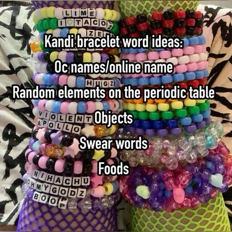 Word Ideas For Bracelets, Random Words To Put On Bracelets, Scenecore Bracelets, Words To Put On Kandi, Kandi Bracelets Ideas Words, Grunge Bracelet Ideas, Silly Bracelet Ideas, Kandi Word Ideas, Scene Kandi Ideas