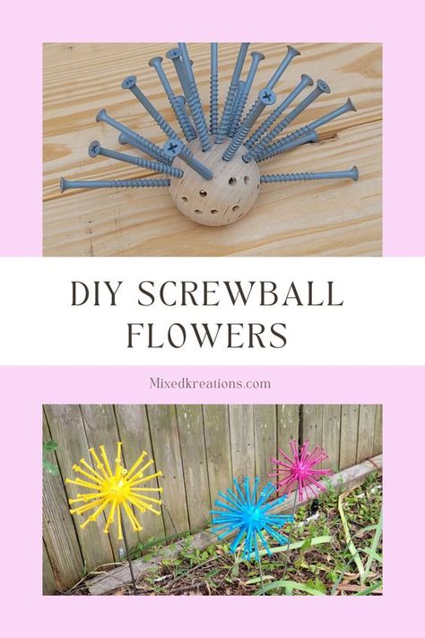 How to make some unique flowers for the yard out of a wooden ball and screws. Flowers Made Out Of Golf Balls And Screws, Garden Flowers Made From Screws, Screw Ball Flowers, Unique Garden Art Diy Crafts, Golf Ball Screw Flowers, Golf Ball Garden Art, Flowers Made From Golf Balls And Screws, Diy Screwball Flowers, Flowers Made Out Of Screws