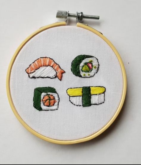 Sushi Embroidery Pattern, Quirky Embroidery Ideas, Silly Embroidery, Sushi Embroidery, Summer Hobbies, Embroidery Kitchen Towels, Food Embroidery, Badges Ideas, Embroidery Kitchen