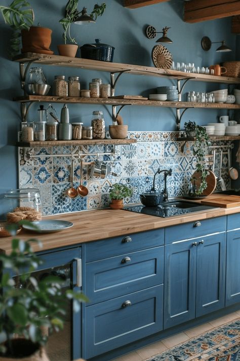 29 Blue Boho Interior Ideas: Infuse Your Space with Tranquil and Artistic Vibes Blue Wall Kitchen, Kitchen Navy Blue, Kitchen Navy, Cottage Core Home, Boho Kitchen Ideas, Wooden Kitchenware, Boho Kitchens, Quirky Kitchen, Bamboo Bar