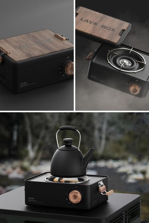 The Lava Box is a concept for a portable stove that looks minimalist, classy, and not at all like the usual that you see being carried around in campsites and beaches. In fact, you might think it’s a vinyl player or a projector or a luxury box.It’s a single burner with a refillable butane gas container fitting right under it. There’s a wooden know on the right that lets you adjust the flame level for things like when you’re heating water, frying something, or grilling pieces of meat. Read More! Camping Box Ideas, Minimalist Camping Gear, Portable Gas Stove, Kettle And Toaster Set, Outdoor Box, Butane Gas, Camping Box, Portable Stove, Camping Inspiration